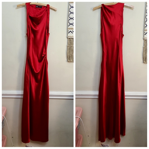 Zara Red Satin Midi Dress Size Medium - Picture 3 of 6